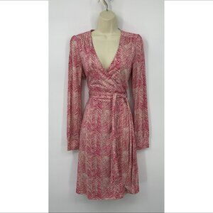 Lilly Pulitzer Burke silk jersey wrap dress pink white pattern long sleeve 4